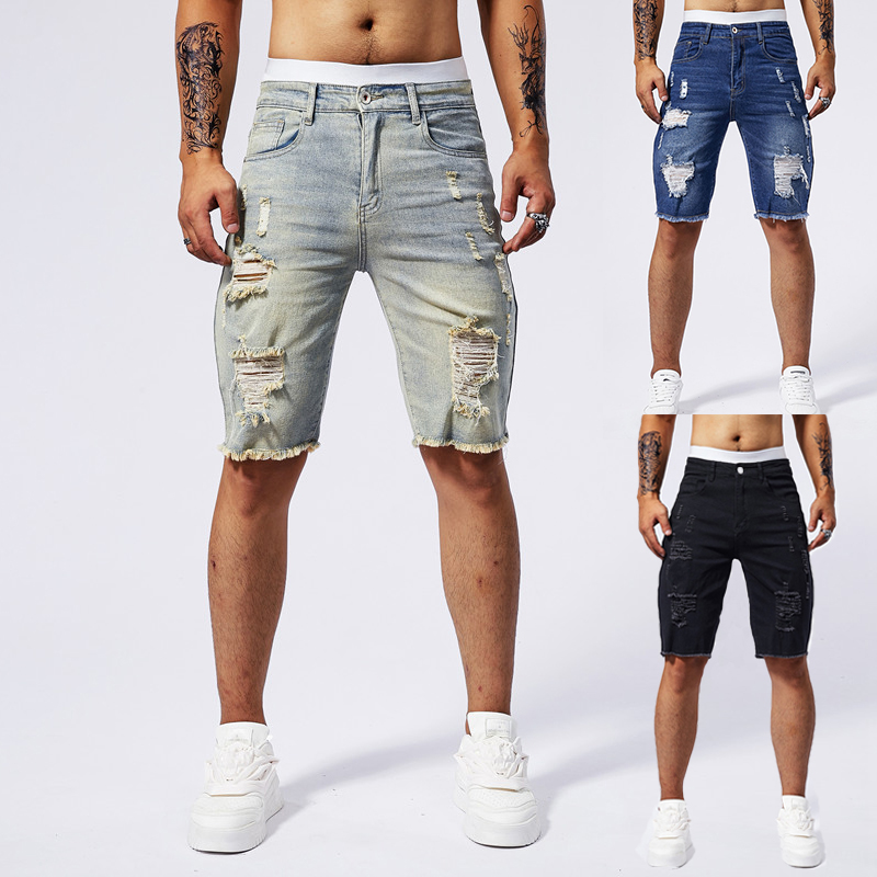 Streetwear Brand Fashion - Celana Pendek Denim Robek Pria Baru
